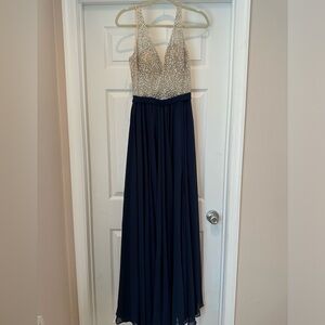 Sparkling Champagne Sequin Bodice Navy Chiffon Prom Dress